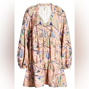 Open Edit Women's Abstract Print Tiered Mini Dress M Balloon Sleeve V-Neck